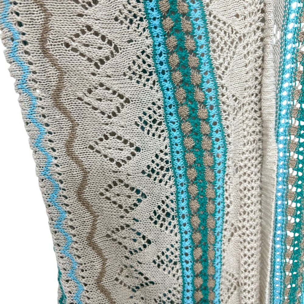 Chico's 100% linen crochet Teal Mix Fringe Detail Cardigan women's size 2 / L - Picture 7 of 8